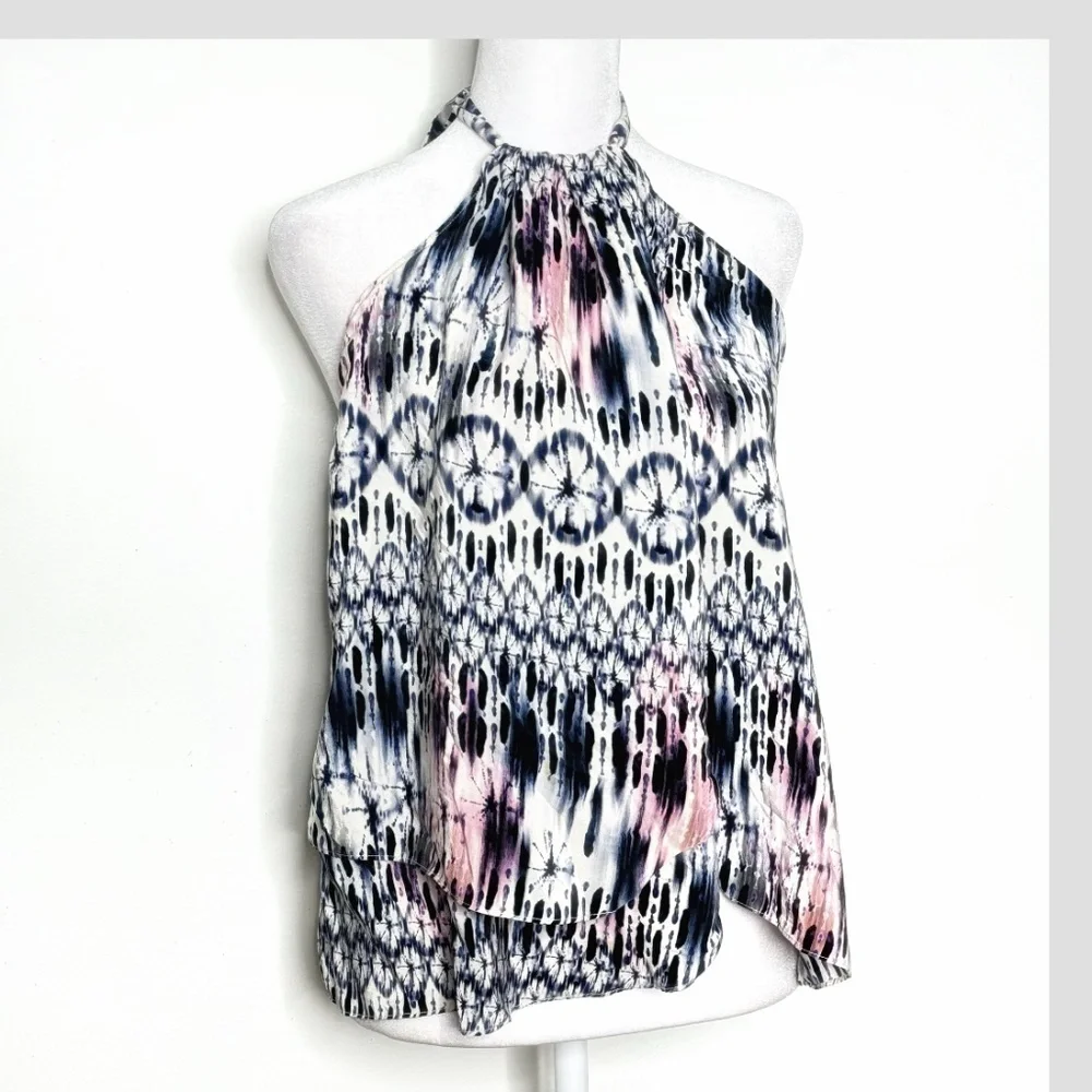 Amanda Uprichard Silk Top Halter Style Tie Neck Flyaway Styling Watercolor Print - Picture 12 of 12
